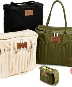 Phexilo Personalized Knitting Bag with Name Leather Patch. Canvas Yarn Bag | Canvas Crochet Organizer with Multiple Pockets and Yarn Holes. Knitting Bag for Crochet Lovers. Mom. Grandma. Birthday Gifts